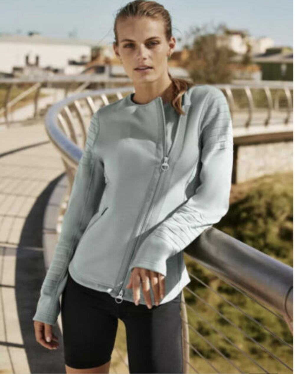ATHLETA Zip Moto Jacket Minimalist Gray Blue Sweatshirt Travel Organic Cotton M